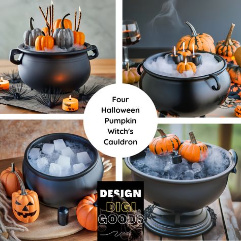 Cauldron Centerpiece Halloween, Pumpkins And Candles, Halloween Witch Cauldron, Witch's Cauldron, Spooky Halloween Decor, Witchs Cauldron, Carte Halloween, The Black Cauldron, Witches Cauldron