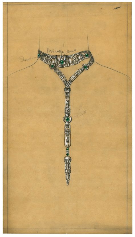 Jewellery Rendering, Art Deco Jewellery Design, Necklace Drawing, Art Deco Emerald, Green Art Deco, Jewelry Rendering, Symbol Of Life, Jewellery Design Sketches, Jewelry Illustration