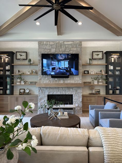 Comfy Living Room With Tv, Living Room Build Out, Large Comfy Living Room, Modern Farmhouse Living Room Tv Wall, House Interior Family, Townhouse Interior Living Room, Dream House Living Room Modern, Living Room Big Tv, Family House Living Room