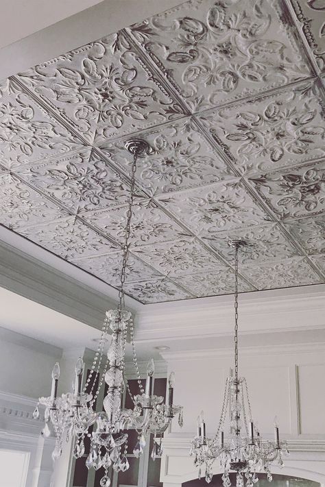 Farmhouse Ceiling Ideas, Painted Tin Ceiling Tiles, American Tin Ceiling, Metal Ceiling Tiles, Hawthorne House, Faux Tin Ceiling, Faux Tin Ceiling Tiles, Decorative Ceiling Tile, Tin Tiles