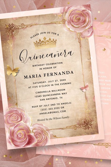 Blush Pink Watercolor Rose Gold Quinceanera Invitation! #birthday #happybirthday #birthdaycards #birthdayparty #floral #elegant #Quinceanera Gold Quinceanera Invitations, Rose Gold Quinceanera, Invitations Quinceanera, Butterfly Confetti, Quince Invitations, Quinceanera Invitation, Creative Invitations, Rose Pale, Quinceanera Invitations