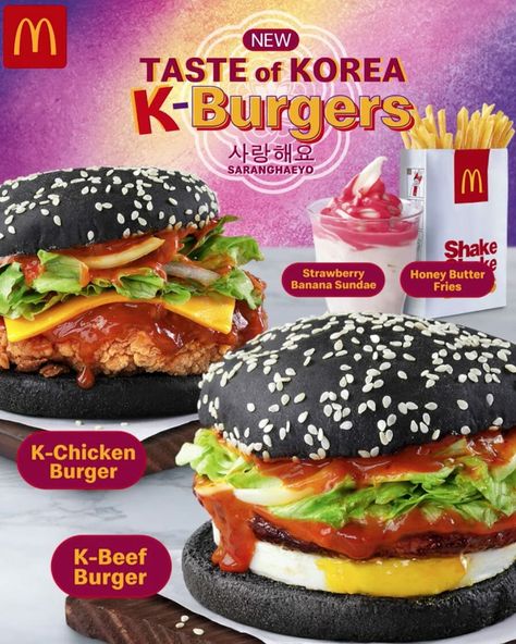 McDonald’s New Taste of Korea K-Burgers Mcdonalds Korea, Banana Sundae, Beef Burger, Honey Butter, Small Meals, Strawberry Banana, East Asia, Graphic Designs, Chicken Burgers