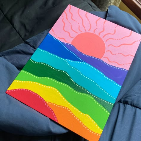 Simple Rainbow Painting, Rainbow Canvas Painting Ideas, Cute Simple Paintings Ideas Easy, Easy Creative Painting Ideas, Canvas Painting Ideas Cute, Groovy Paintings Ideas, Color Wheel Painting, Things To Paint On Canvas Trippy, Colorful Painting Ideas