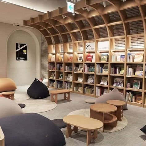 Book Shelf In Cafe, Library Lounge Design, Modern Library Design Interiors, Unique Library Design, Cafe Bookstore Interior Design, Study Cafe Design, Study Cafe Interior, Library Furniture Design, Library Interior Design