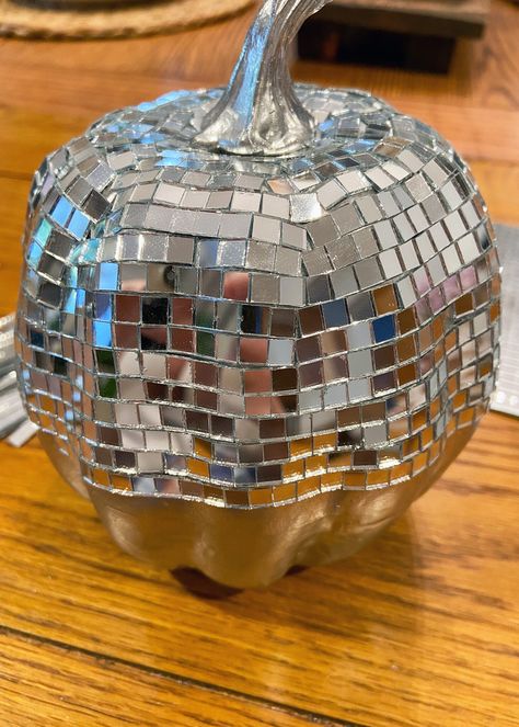 HOW TO DIY DISCO PUMPKINS - It's Me, ChristyB Disco Pumpkin, Pumpkin Show, Silver Spray Paint, Faux Pumpkins, Mirror Tiles, Disco Balls, Thanksgiving Crafts, Disco Ball, A Pumpkin