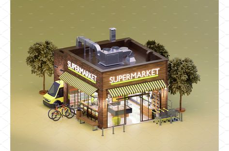 Grocery Store Sims 4 Cc, Bloxburg Grocery Store Ideas, Interior Supermarket, Bloxburg Towns, Roblox Store, Bloxburg Cottage, Supermarket Trolley, Delivery Van, Building Interior