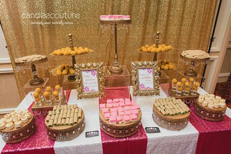 Mehendi Dessert Table, Indian Wedding Dessert Table, Indian Dessert Table, Sweets Display, Mehndi Event, Indian Desert, Eid Decor, Dessert Bar Wedding, Diwali Sweets