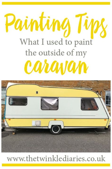 All my tips for painting a caravan exterior!The paint that I use and other info on creating a vintage caravan makeover. Paint Caravan Exterior, Painting A Caravan Exterior, Caravan Exterior Paint Ideas, Tourer Caravan Renovation, Caravan Exterior Makeover, Caravan Paint Exterior, Vintage Caravan Makeover, Caravan Painting Ideas, Touring Caravan Makeover