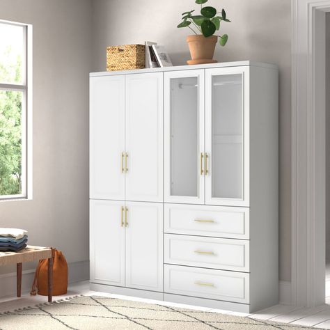 Willa Arlo Interiors Saltash Solid + Manufactured Wood Armoire | Wayfair Armoire With Drawers, Wood Armoire, Glass Doors, Glass Door, Bedroom Ideas, Armoire, Storage Spaces, Drawers, Doors