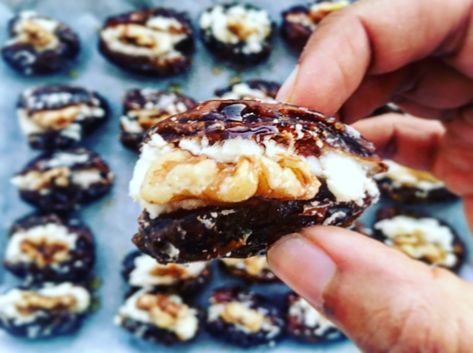 Baked Goat Cheese Stuffed Dates with Walnuts & Honey Goat Cheese Stuffed Dates, Cheese Stuffed Dates, Mediterranean Desserts, Goat Cheese Appetizer, Baked Goat Cheese, Stuffed Dates, Creamy Goat Cheese, Brie Recipes, Goat Cheese Recipes