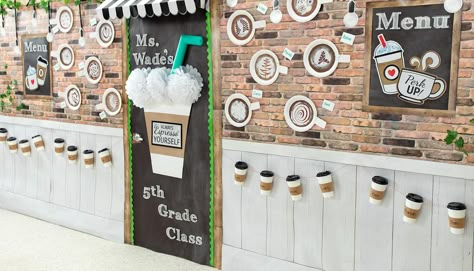 coffee-house-classroom-door-dÃ©cor-idea-1 Coffee House Classroom, Classroom Cafe, Coffee House Decor, Cafe Theme, Classroom Charts, Classroom Decor High School, Classroom Makeover, School Culture, Class Theme