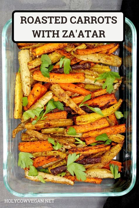 This simple, four-ingredient dish of roasted carrots with the lemony middle eastern spice mix, za'atar, is a terrific side to serve with almost any meal, and it couldn't be simpler to make. #roastedcarrots #carrotrecipe #easyrecipe #vegetablesiderecipe #holycowvegan Middle Eastern Roasted Carrots, Zaatar Carrots, Zaatar Recipe, Easy Diner, Oven Roasted Carrots, Roasted Carrots Recipe, Yum Recipes, Dried Berries, Za Atar