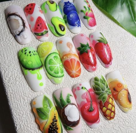 Summer Nails 2024 Fruit, Ve Trai Cay Nail, Fruits Nails, Summer Nails Colors Designs, Deco Fruit, Disney Acrylic Nails, Food Nails, Fruit Nail Art, Trendy Products