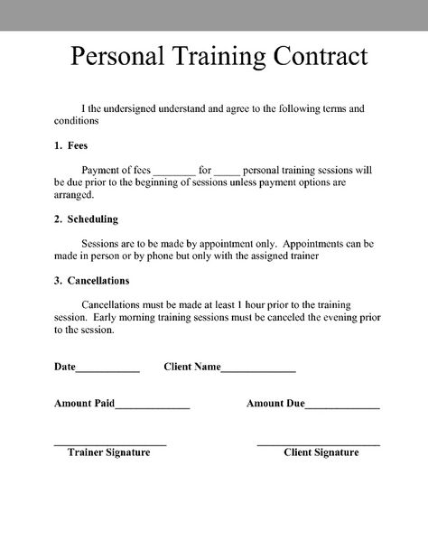 personal trainer contract with gym template