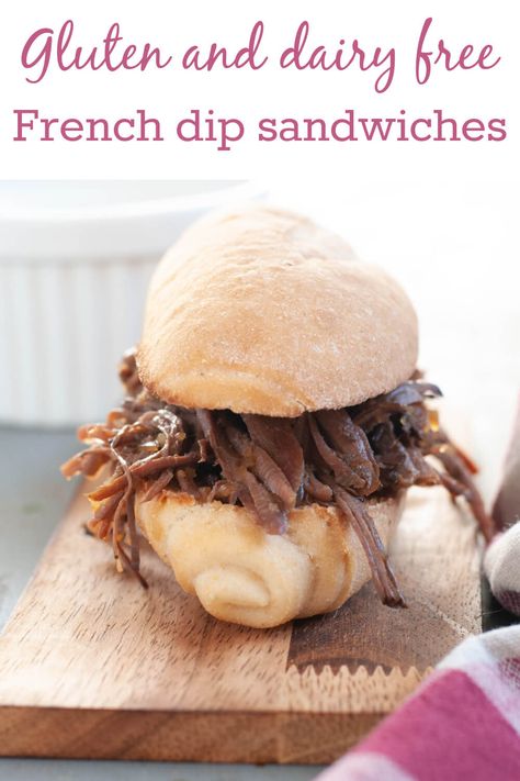 Crock Pot French Dip From Scratch VIDEO (GF, DF OPTION) | Allergy Awesomeness Gluten Free French Dip Crock Pot, Gluten Free French Dip Sandwiches, Gluten Free French Dip, Eoe Diet, French Dip Recipe, Allergy Awesomeness, Crock Pot French Dip, Crock Pot Chuck Roast, French Dip Recipes