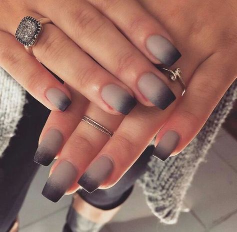 grey-black-matte-ombre-nail-polish, large-diamond-ring-cool-nail-designs-silver-rings Grey Acrylic Nails, Beach Nail Designs, Unghie Sfumate, Long Square Nails, Nail Art Glitter, Nail Art Ombre, Colorful Nail Designs, Beach Nails, Nail Arts