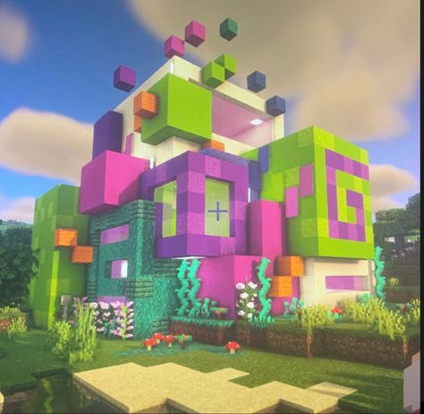 Minecraft Colorful Village, Weird Minecraft Builds, Minecraft Clown Build, Retro Minecraft Builds, Cloud House Minecraft, Y2k Minecraft, Minecraft Building Ideas Rainbow, Minecraft Kidcore, Pride Minecraft Builds