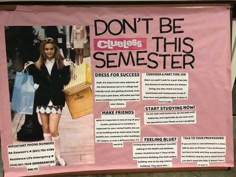 My Clueless themed RA bulletin board for January 2018! Clueless Bulletin Board, Asb Bulletin Board Ideas, January Bulletin Board Ideas College, Ra Bulletin Boards Freshmen, Ra Bulletin Board Themes, New Years Ra Bulletin Board, Bulletin Board Themes College, Ra Bulletin Boards Campus Resources, Stuco Bulletin Board Ideas