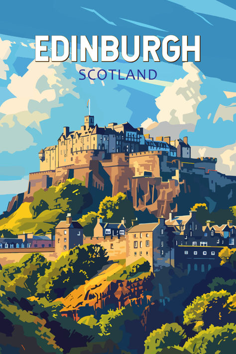 Retro-style illustration of Edinburgh, Scotland, featuring the iconic Edinburgh Castle perched on a hill with the cityscape and lush greenery in the foreground under a bright blue sky with scattered clouds. Edinburgh Scotland Travel, Cover Design Inspiration, Edinburgh Travel, Retro Style Posters, Travel Poster Design, Poster City, Edinburgh Castle, Travel Illustration, Landscape Poster