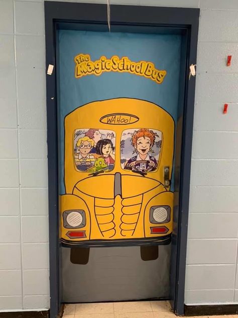 Magic school bus book classroom door decoration Magic School Bus Classroom Door, School Bus Classroom Door, Magic School Bus Door Decoration, School Bus Door Decoration, Retro Classroom Door Ideas, 90s Theme Classroom Door, Magic School Bus Bulletin Board, Bus Door Decoration, Magic School Bus Classroom Theme