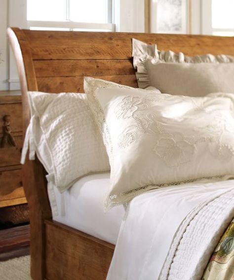 Rustic Sleigh Bed - Rugged Spruce Sleigh Bed Cabin Interiors Bedroom, White Sleigh Bed, Pottery Barn Furniture, Bedroom Updates, Sleigh Bed, Cabin Interiors, Rustic Bedding, Sleigh Beds, Home Decor Outdoor