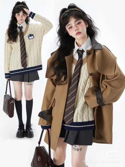 Hands In Coat Pockets Pose, Brown Black And White Outfit, After Class In The Afternoon Fashion, Japanese Fall Fashion, Outfit Inspo Korean, Inspo Reference, Peony Aesthetic, School Uniform Fashion, School Uniform Outfits