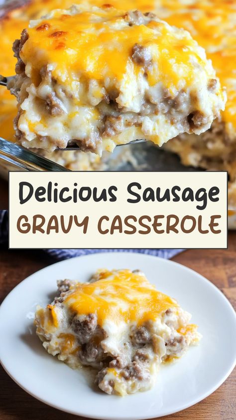 Indulge in the ultimate comfort food with this delicious sausage gravy casserole recipe. Layers of flaky biscuits, savory sausage, creamy gravy, and gooey cheese come together to create a mouthwatering dish that is perfect for breakfast or brunch. This easy-to-make casserole is sure to become a family favorite and will impress guests at any gathering. Breakfast Casserole With Ground Turkey, Christmas Breakfast Casserole With Gravy, Meals With Breakfast Sausage Dinners, Dinner Ideas Using Sausage, Country Gravy Casserole Breakfast, Sausage Gravy Casserole With Hashbrowns, Breakfast Casserole With Gravy Eggs, Hashbrown Breakfast Casserole With Gravy, Sausage Gravy Potato Breakfast Casserole