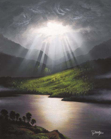 Breaking Through 20x16 acrylic on canvas www.rattenburyart.com Jon Rattenbury, Icarus Painting, Cloud Painting Acrylic, God Rays, Light Landscape, Storm Art, Weather Storm, Bob Ross Paintings, New Background Images