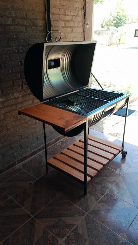 Braii Stand Design, Bbq Stands Ideas, Oil Drum Bbq, Backyard Grill Ideas, Barbeque Design, Bbq Stand, Barrel Grill, Barrel Bbq, Patio Decorating Ideas Apartment