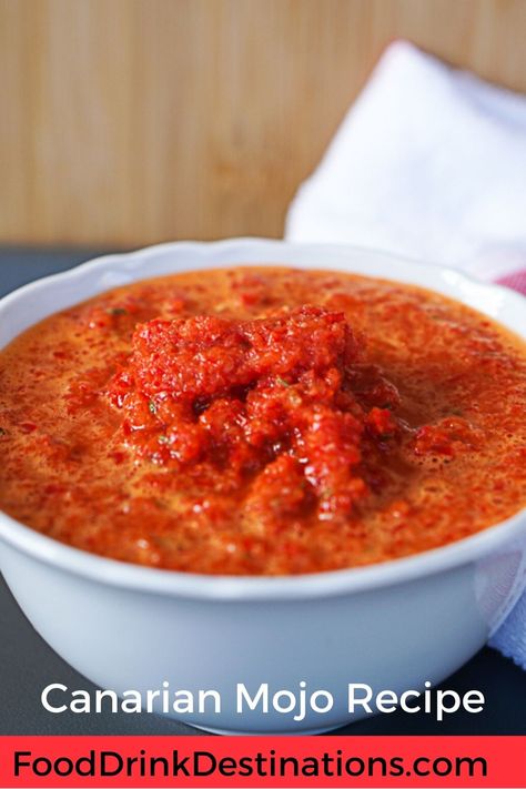 This mojo picon rojo recipe is an easy to make version of a traditional Canarian mojo rojo, a red sauce from the Canary Islands in Spain. It can be served on potatoes or with grilled or roasted meat or fish. Red Mojo Sauce Recipe, Mojo Rojo Recipe, Spanish Sauce Recipe, Mojo Recipe, Mojo Sauce Recipe, Mojo Sauce, Tapas Dinner, Spanish Cooking, Spanish Tapas Recipes