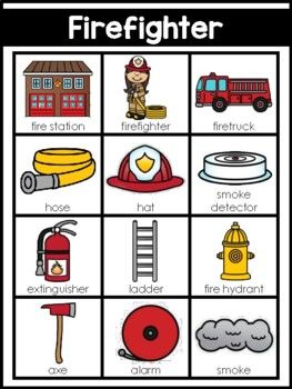 Firefighter Community Helper Writing Center Word ListThese picture cards help students to visualize and comprehend new vocabulary.These cards come in both color and black and white. Fire Safety Kindergarten, Room Vocabulary, Community Helpers Theme, Community Helpers Preschool, Teaching Shapes, Preschool Units, Fire Drill, Community Helper, Baby Learning Activities