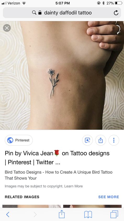 Small Daffodil Tattoo Behind Ear, Daffodil Tattoo Ribs, Daffodil Rib Tattoo, Birth Flower Rib Tattoo, Daffodil Flower Tattoos, Flower Tattoo On Ribs, Tattoos On Side Ribs, Daffodil Tattoo, Rib Tattoos For Women