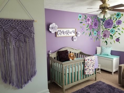 Purple And Blue Nursery Girl, Purple And Green Baby Room, Purple Flower Nursery Ideas, Purple And Green Nursery, Purple Nursery Ideas, Green Floral Nursery, Purple Baby Nursery, Purple Baby Rooms, Peacock Nursery