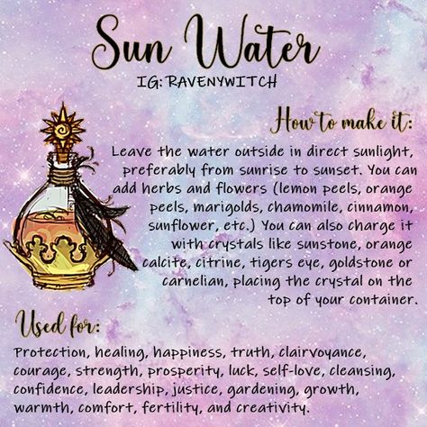 Sun Water by Raveny Witch Water Manifestation, Magickal Herbs, Witchy Tips, Zen Den, Moon Water, Witch Spirituality, Magic Spell Book, Grimoire Book, Witch Diy