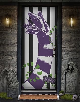 Transform the look of your house in one simple step with this officially licensed Beetlejuice door hanging! You’ll love watching your guests react to the giant sandworm on your door as they approach your house. It’s showtime! Officially licensed Dimensions: 37” W x 80” L Material: Polyester, spandex Care: Machine wash Imported Note: Fits most standard exterior doors Beetlejuice Door Decoration, Beetlejuice Door, Halloween Indoor Decorations, Halloween Door Decorations Classroom, Beetlejuice Party, Sand Worm, Halloween Juice, Spirit Halloween Costumes, Beetlejuice Halloween