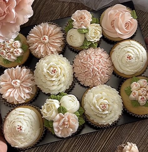 Bridal Luncheon Cake, Bridal Shower Flower Cupcakes, Cupcake Bridal Shower Ideas, Pink And Green Bridal Shower Ideas, Floral Baby Shower Cupcakes, Boho Baby Shower Cupcakes, Baby In Bloom Cupcakes, Bridgerton Baby Shower Theme, Flower Cupcakes Ideas