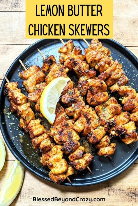 Air Fryer Lemon Butter Chicken Skewers are incredibly easy to make and taste fantastic! #chicken #food #recipe #glutenfree #airfryer #blessedbeyondcrazy Garlic Butter Chicken Skewers Air Fryer, Lemon Chicken Skewers Air Fryer, Lemon Butter Chicken Skewers, Lemon Pepper Chicken Skewers Air Fryer, Lemon Butter Parmesan Chicken Skewers, Lemon Chicken Air Fryer, Air Fryer Chicken Skewers, Chicken Kabobs Air Fryer, Air Fryer Kabobs