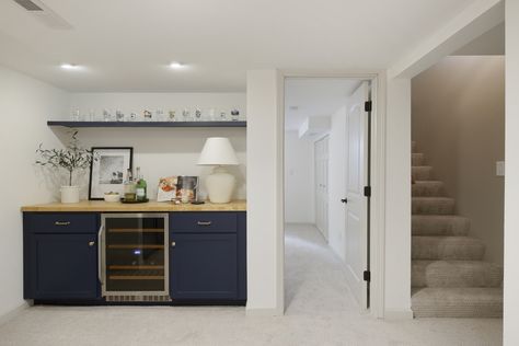 basement dry bar with beverage fridge from Build.com, builtin cabinetry, floating shelf, and butcher block countertop Bonus Room Dry Bar, Butcher Block Dry Bar, Simple Basement Wet Bar, Basement Dry Bar With Fridge, Basement Dry Bar Ideas With Fridge, Diy Dry Bar With Mini Fridge, Basement Dry Bar, Outdoor Oasis Backyard, Basement Dry Bar Ideas