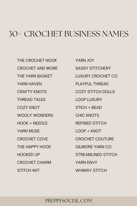 Crochet Business Names That Will Make You Smile   Find the perfect name for your crochet business with this list of 37 catchy and creative ideas. #crochet #crocheting #crafts #business#Aesthetic_Crochet_Business_Names #Names_For_Embroidery_Business #Crochet_Business_Idea #Crochet_Business_Name_Ideas Crochet Page Name Ideas, Crochet Brand Name Ideas, Logo For Crochet Business, Business Page Name Ideas, Embroidery Business Names, Crochet Logo Design Ideas, Crochet Business Ideas, Business Crochet, Crochet Logo