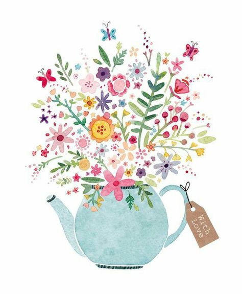 Happy Birthday teapot w/flowers French Illustration, Animal Illustrations, Pola Sulam, 수채화 그림, Cat Air, Art Et Illustration, Art And Illustration, E Card, Art Paint