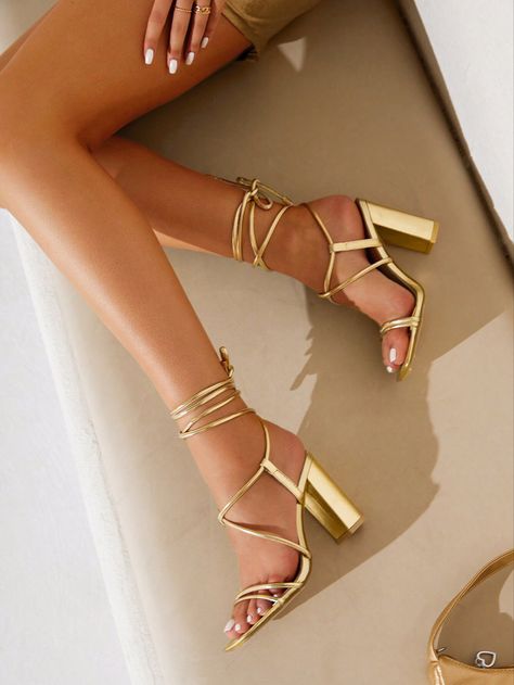 Gold Prom Shoes, Hoco Heels, Gold Heels Prom, Gold Chunky Heels, Graduation Heels, Prom Gold, Gold Strappy Sandals, Heels Prom, Prom Inspo