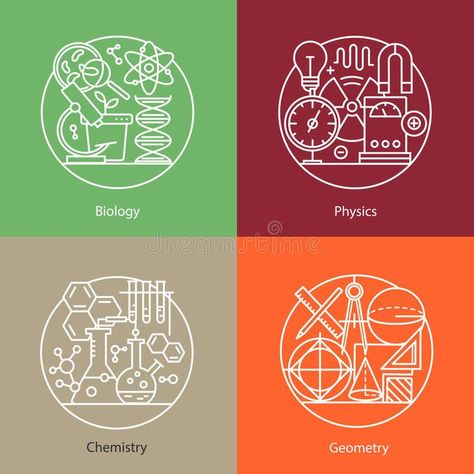 Vector set of logos biology, physics, chemistry, geometry. vector illustration Geometry Illustration, Math Logo, Math Wallpaper, Career Test, Art Psychology, Science Images, Veterinary Science, Steam Education, Physical Chemistry