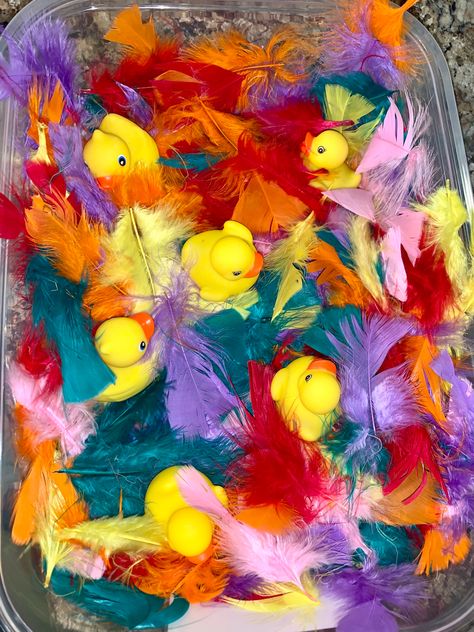 Duck Crafts For Infants, Duck Theme Preschool Activities, Bird Sensory Bin Preschool, Chicken Sensory Play, Bird Infant Art, Duck Sensory Play, Rubber Duck Sensory Bin, Duck Theme Preschool, Duck Activity Preschool