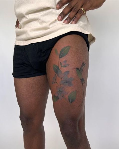 jess chen on Instagram: "Lignum vitae flowers and a sweet doctor bird, thank u @darren.lee 💜" Jess Chen Tattoo, Lignum Vitae Tattoo, Doctor Bird Tattoo, Color Tattoos On Dark Skin, Tattoos On Dark Skin, Skin Pictures, Doctor Bird, Dark Skin Tattoo, Browning Tattoo