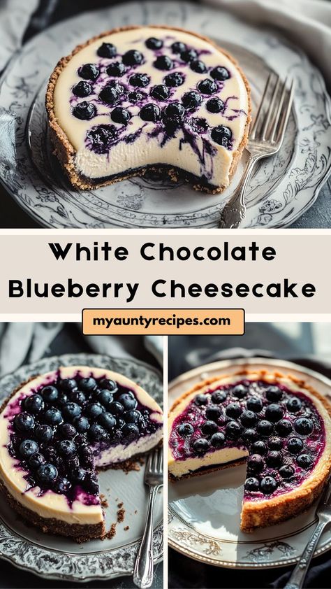 Indulge in the rich flavors of our Luxurious White Chocolate Blueberry Cheesecake! This decadent dessert features a creamy white chocolate filling swirled with fresh blueberries, all resting atop a buttery graham cracker crust. Perfect for special occasions or as a sweet treat at home, this cheesecake is both elegant and delicious. The combination of sweet white chocolate and tangy blueberries creates a delightful contrast that will have everyone coming back for more. White Choc Cheesecake, White Chocolate Blueberry Cheesecake, Chocolate Blueberry Cheesecake, Choc Cheesecake, White Chocolate Cheesecake Recipes, White Chocolate Filling, Chocolate Blueberry, Chocolate Cheesecake Recipes, White Chocolate Cheesecake