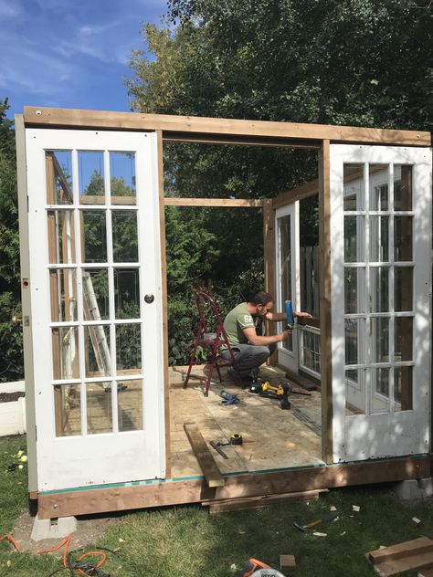 Window Greenhouse, Reclaimed Windows, Diy Greenhouse Plans, Recycled Garden Art, Outdoor Greenhouse, Reclaimed Doors, Greenhouse Shed, Build A Greenhouse, Backyard Greenhouse