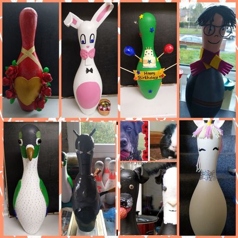 Lots of different characters made from old bowling pins What To Do With Old Bowling Pins, Bowling Pin Upcycle, Bowling Pins Ideas, Diy Bowling Pins, Bowling Crafts, Bowling Pin Crafts, Diy Bowling, Bowling Ball Art, Pin Crafts