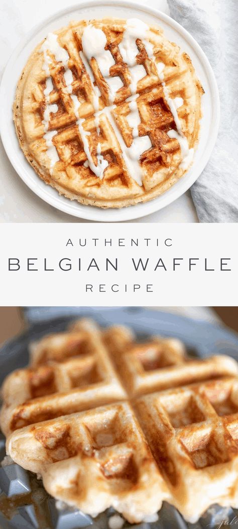 This Authentic Belgian Waffle Recipe (made with a secret ingredient) is fluffy, crispy and irresistible! Learn the tricks behind making this homemade waffle dough with yeast. A dollop of sweetened creme fraîche and fresh fruit is all you need to reach Belgian waffle bliss. Enjoy for breakfast, dessert, or a fabulous brunch with family and friends! How To Make Belgian Waffles, Belgian Waffle Recipe Easy, Belgium Waffles Recipe, Miami Breakfast, Yeast Waffle Recipe, Waffle Recipe Easy, Fruit Waffles, Belgium Waffle Recipe, Easy Belgian Waffle Recipe