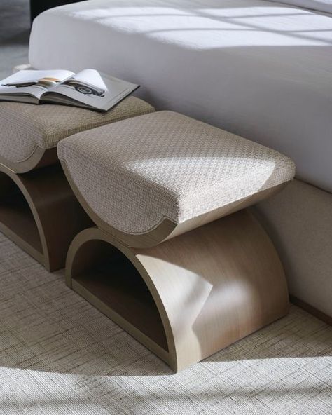 SR Interiors on Instagram: "Inspired by a neoclassical design, this double, u-shaped ottoman lends a modern take on the Curule bench, dating back to royal courts of ancient Rome. Versatile and visually alluring, it functions as a seat or ottoman, and when styled in pairs at the end of the bed, makes a luxe landing for getting dressed. . . . . . . . . #interiordesignideas #livingroomdesign #interiordesigninspo #luxuryliving #interiordesigner #home #livingroom #furnituredesign #homerenovation #int Nyc Interior Design, Neoclassical Design, Neoclassical Interior, Open Enrollment, Ottoman Design, Diy Concrete, Geometric Fabric, Getting Dressed, Pouf Ottoman