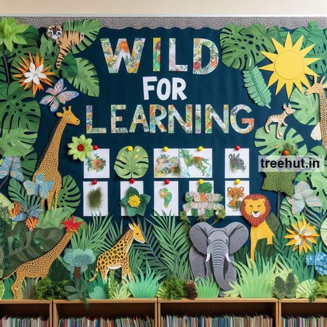 Jungle Bulletin Board Ideas and Activities for Elementary School | Back to School Wild About Reading Theme, Animal Theme Classroom Decorations, Jungle Bulletin Board Ideas, Safari Bulletin Board Ideas, Zoo Bulletin Board, Safari Bulletin Boards, Jungle Bulletin Boards, Butterfly Bulletin Board, Ocean Bulletin Board